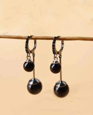 Womens Black Metal Faux Pearl Rhinestone Dangle Drop Decor Earrings Party Gift - Image 1 of 3