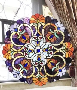21" Tiffany Style Stained Glass  Round Purple Passion Window Panel Suncatcher - Picture 1 of 4