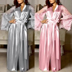 Women Satin Long Nightdress Silk Lace Lingerie Nightgown Sleepwear Sexy Robe - Picture 1 of 29