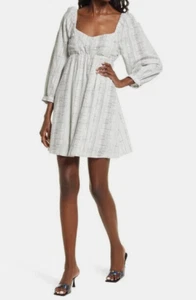 NEW Nordstrom Spring Open Edit Tie Back Babydoll Dress Ivory Black linen L - Picture 1 of 4