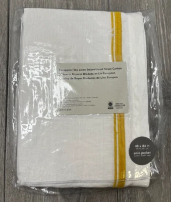 West Elm European Flax Linen Embroidered Stripe Curtain White/Gold 48x84 1 Panel - Image 1 of 4