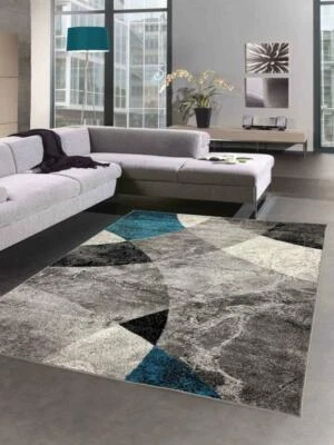 Tapis Abstrait pour Salon Design moderne avec Losanges ondulés & marbré gris bl  - Image 1 of 4