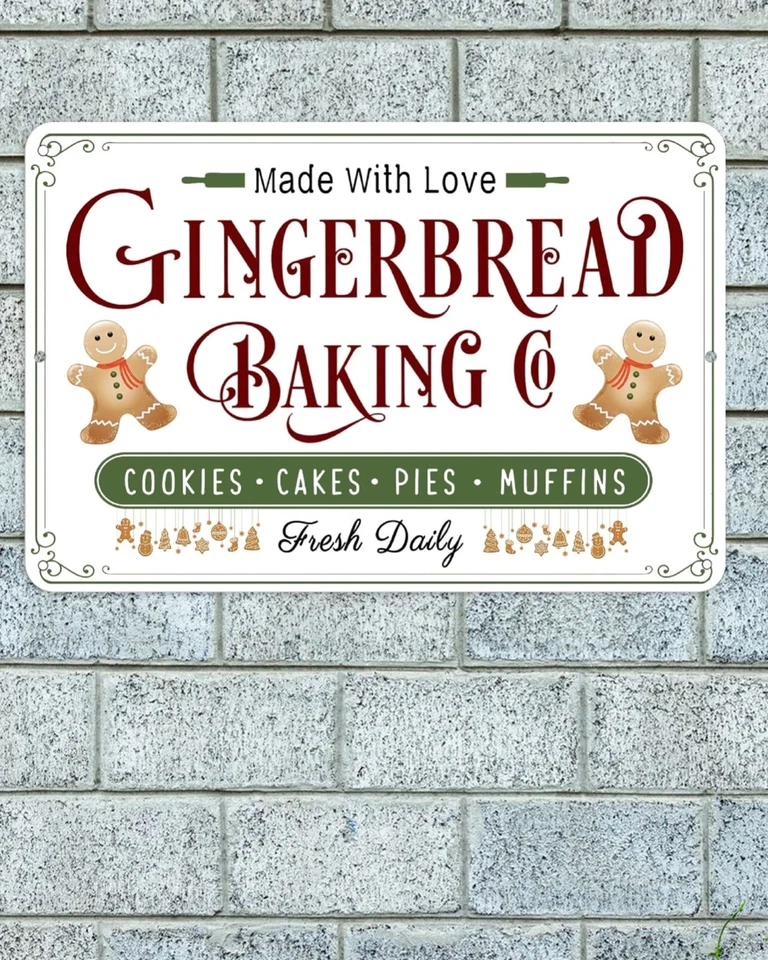 Letrero Gingerbread Baking Co Aluminio Metal 8"x12" Navidad Invierno Navidad Galletas Foto 1 de 1