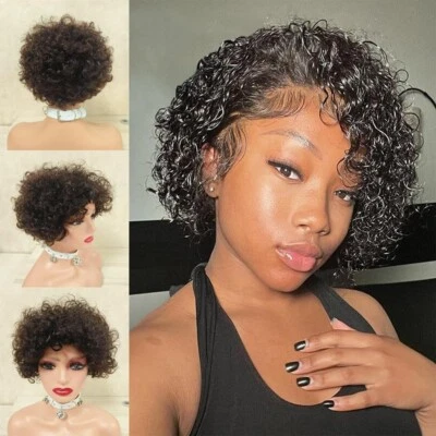 Human Hair Afro Kinky Curly Wig 150% Density Lace Front pixie wig171 Bob Wig 6in - Image 1 of 4