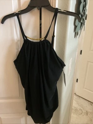 NUEVO CON ETIQUETAS TRAJE DE BAÑO BOSTON APROPIADO CUELLO ALTO HERRAJES DORADOS DE UNA PIEZA NEGRO TALLA 10 Foto 1 de 4