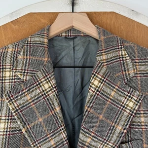 VINTAGE Sport Coat Mens 38S Plaid 2 Button Wool Canvas Wide Notch Lapel 70s - Picture 1 of 13