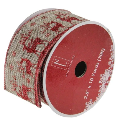 Northlight 12 Wandering Red Reindeer Brown Burlap Christmas Ribbon Spools - 2.5" - Image 1 of 3