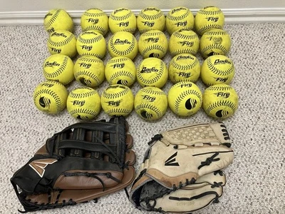 24 Used Baden Soft Balls Slow Pitch Shag Practice Balls + 2 Easton Mitts Gloves - image 1 of 4