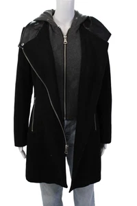 Marc New York Womens Wool Removable Hood Vegan Leather Trim Coat Size Black Sz 2 - Picture 1 of 6