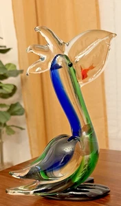 Heavy 10" Murano Style Hand Blown Art Glass Pelican Swallowing  Fish MCM Vintage - Picture 1 of 11