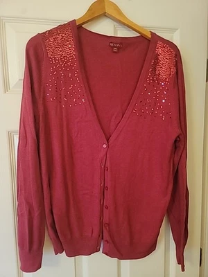 Merona Women's Long Sleeve Cardigan Sweater Red Sequined XL - Image 1 of 4
