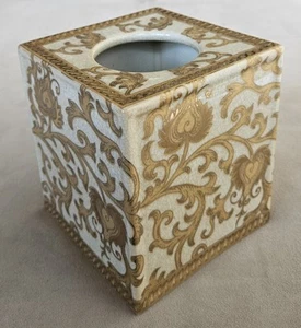 Heavy Ceramic Porcelain Tissue Cube Box By Amita Ivory Gold Patterned - Picture 1 of 7