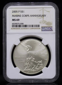 2005 Marine Corps 230TH Anniversary Commemorative Dollar NGC MS69 - Picture 1 of 4