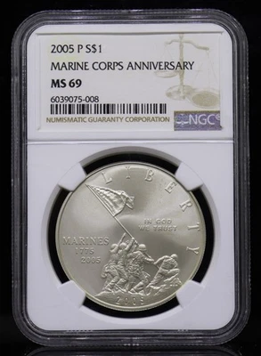 2005 Marine Corps 230TH Anniversary Commemorative Dollar NGC MS69 - Image 1 of 4