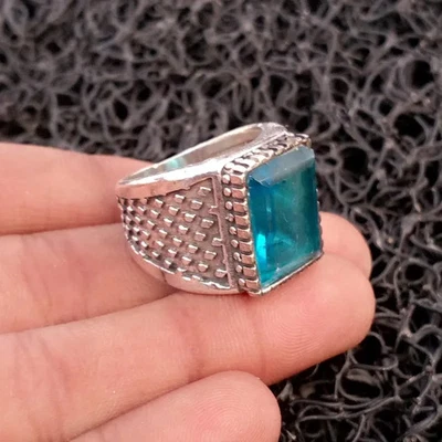 Blue Topaz Gemstone Ring 925 Sterling Silver Handmade Beautiful Men's Ring R69 - Image 1 of 4