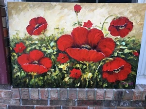 OIL Painting-RED POPPIES-Stretched.New-24"X36-HIGH QUALITY-BEAUTIFUL-HORIZONTAL - Picture 1 of 1