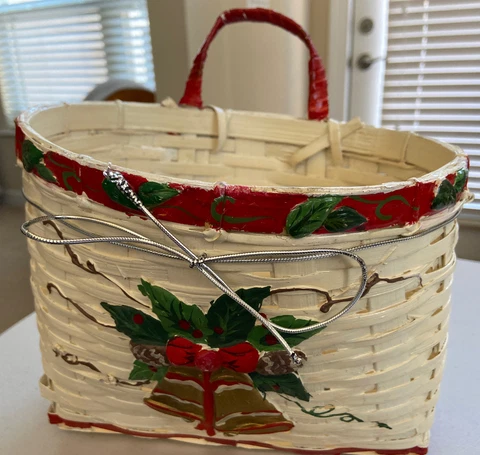 Painted holiday basket, Christmas, holly, bells, green red white Cover