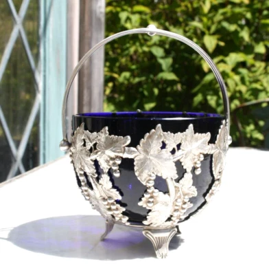Late 19th Century EPNS Silverplate Grapevine Pattern & Cobalt Glass Sugar Basket - Image 1 of 4