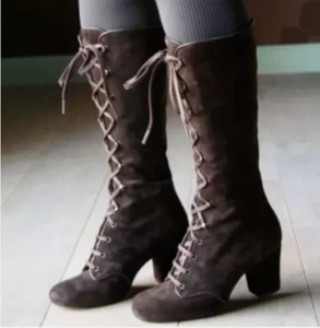Damen Schnür Booties Steampunk Kniehohe Stiefel Gothic Retro Blockabsatz Schuhe - Bild 1 von 24