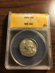 1951-P Washington Silver Quarter 25C ANACS MS 66 Type 1, Silver - Picture 1 of 2