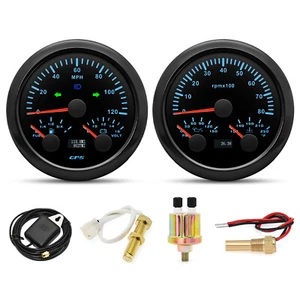 2 Gauge Set 85mm GPS Speedometer 120MPH&Tacho with Fuel/Oil/Temp/Volt W/Sensor - Picture 1 of 17
