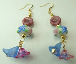Floral Lampwork Earrings Acrylic Flowers Czech Flowers Handmade Artisan Jewelry - Picture 1 of 1