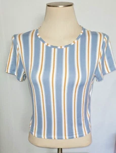 Womens Juniors Striped Blue Short Sleeve Shirt Top By GAZE Size: Large - Picture 1 of 15