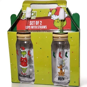 Grinch Naughty/Nice Set 16oz Glass Tumblers Including Bamboo Lids &Straws - Picture 1 of 3