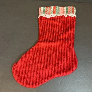 Calza natalizia VINTAGE velluto rosso velluto a coste pizzo bordato cotone fatta a mano - Foto 1 di 6