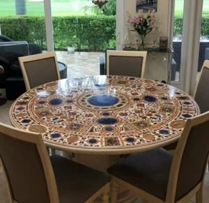 48" Round White Marble Coffee Table Semi Precious Stone Mosaic Art Marquetry Dec - Picture 1 of 8