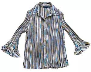 Vintage 90s Y2K Essentials Micro Pleat Top Striped Career Blouse Size Large L - Picture 1 of 4