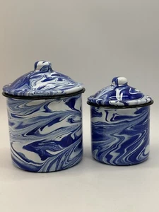 Enamelware Blue & White Splatter Swirl Set Of 2 Nesting Canisters 5.25” & 4.5” - Picture 1 of 19
