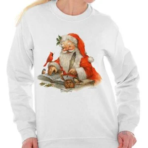 Santa Claus Christmas Merry Xmas Holiday Gift Womens Long Sleeve Crew Sweatshirt - Picture 1 of 8