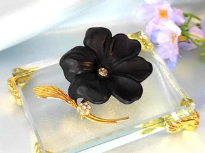 Brosche Vintage Zelluloid Strasssteine schwarze Blume - Bild 1 von 6