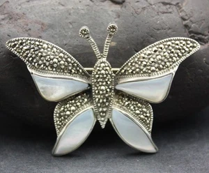 STERLING SILVER MARCASITE and MOTHER OF PEARL BROOCH FREE FAST SHIPPING !! - Picture 1 of 5