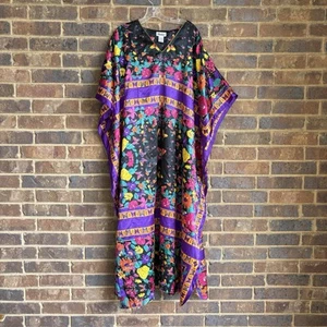 VTG Winlar Satin Floral Butterfly Pink Purple Kaftan Maxi Dress Womens OSFM - Picture 1 of 13