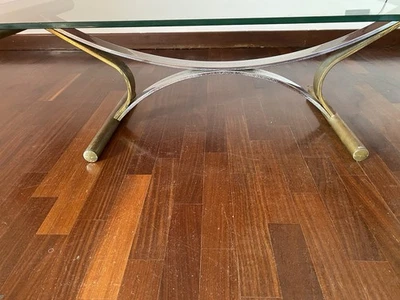 Tavolino da salotto acciaio e cristallo. Argentato E Dorato. Vintage Anni ‘70. - Immagine 1 di 3