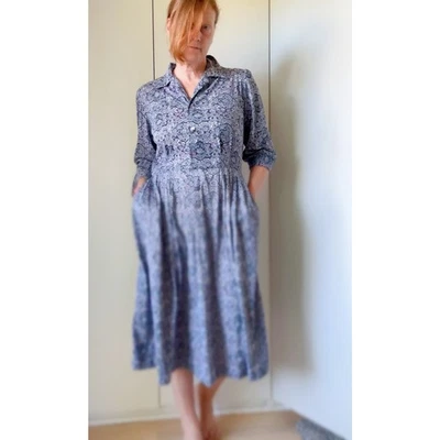 Vintage 70s Womens Dress Graphic Print Size M Gray Purple Day Dress Retro  - Image 1 of 4