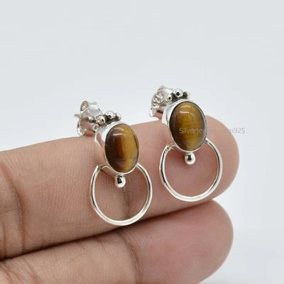 Natural Tiger Eye Stud Hoop Earrings 925 Sterling Silver Gemstone Jewelry - Image 1 of 4