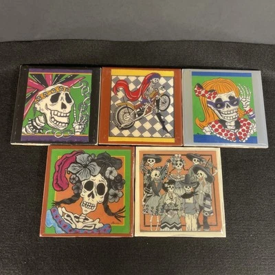 "5 posavasos de azulejos de cerámica Día de los Muertos 4,25"" cuadrado Día de los Muertos" Foto 1 de 4