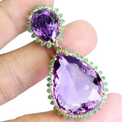925 Sterling Silber Anhänger Birne Amethyst 64ct Smaragd Handgemacht Edelsteine - Bild 1 von 4