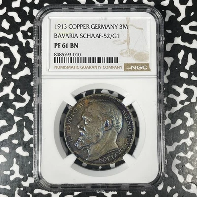 1913 Alemania Baviera 3 marcos Karl Goetz patrón NGC PR61BN ¡Lote #G1315 prueba! Foto 1 de 3