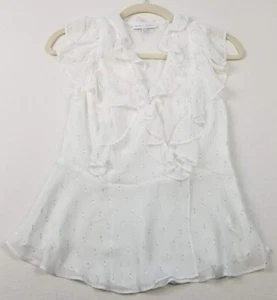 Top para mujer Maison d’Amelie XS blanco metálico plateado volantes manga corta transparente - Imagen 1 de 11