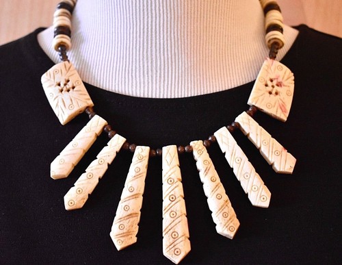 OFF WHITE Collana Vintage Perline Geometrica Tribale Dichiarazione Etnica Off White Marrone 19 5"