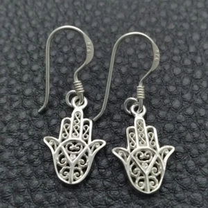 PENDIENTES COLGANTES PLATA ESTERLINA .925 DISEÑO FILIGRANA HAMSA 30 MM LARGO M697 - Imagen 1 de 1
