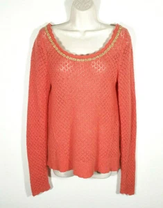 Free People Women Large Orange Thin Open Knit Sweater Wool Angora Blend Tie Back - Picture 1 of 8