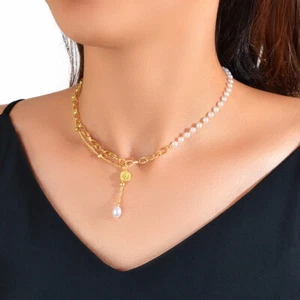 Retro Textured Jewelry Multiple Gold Pearl Chain Cion Charm Beads Charm Necklace - Picture 1 of 3