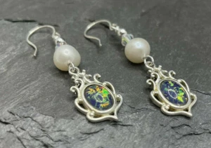 Sterling Silver Real Freshwater Pearl & Faux Fire Opal Ornate Long Drop Earrings - Picture 1 of 8