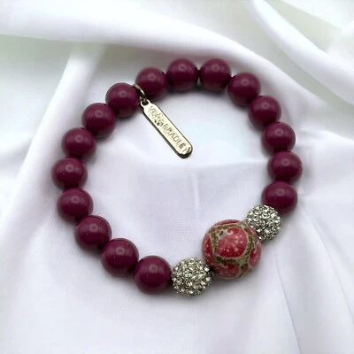 Pulsera Vera Bradley Elástica Rojo Granate Rojo Purpúreo Floral Estrás Cuentas Foto 1 de 3