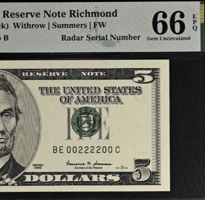 1999 $5 Federal Reserve Note PMG 66EPQ - Super Radar Serial Number 00222200 - Image 1 of 3